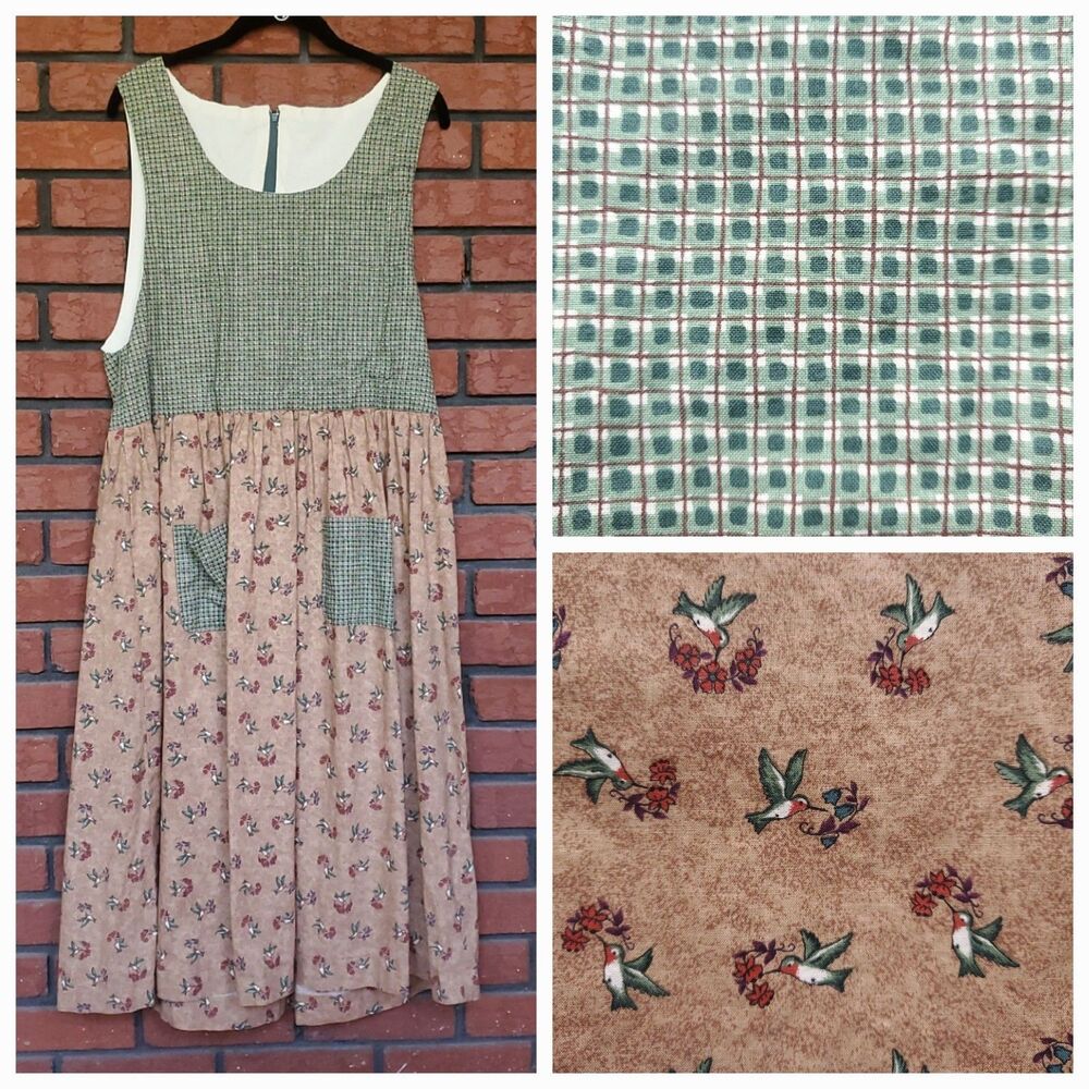 Vintage Handmade Jumper Dress Sz M Plaid Hummingbirds Cottage Country Farm